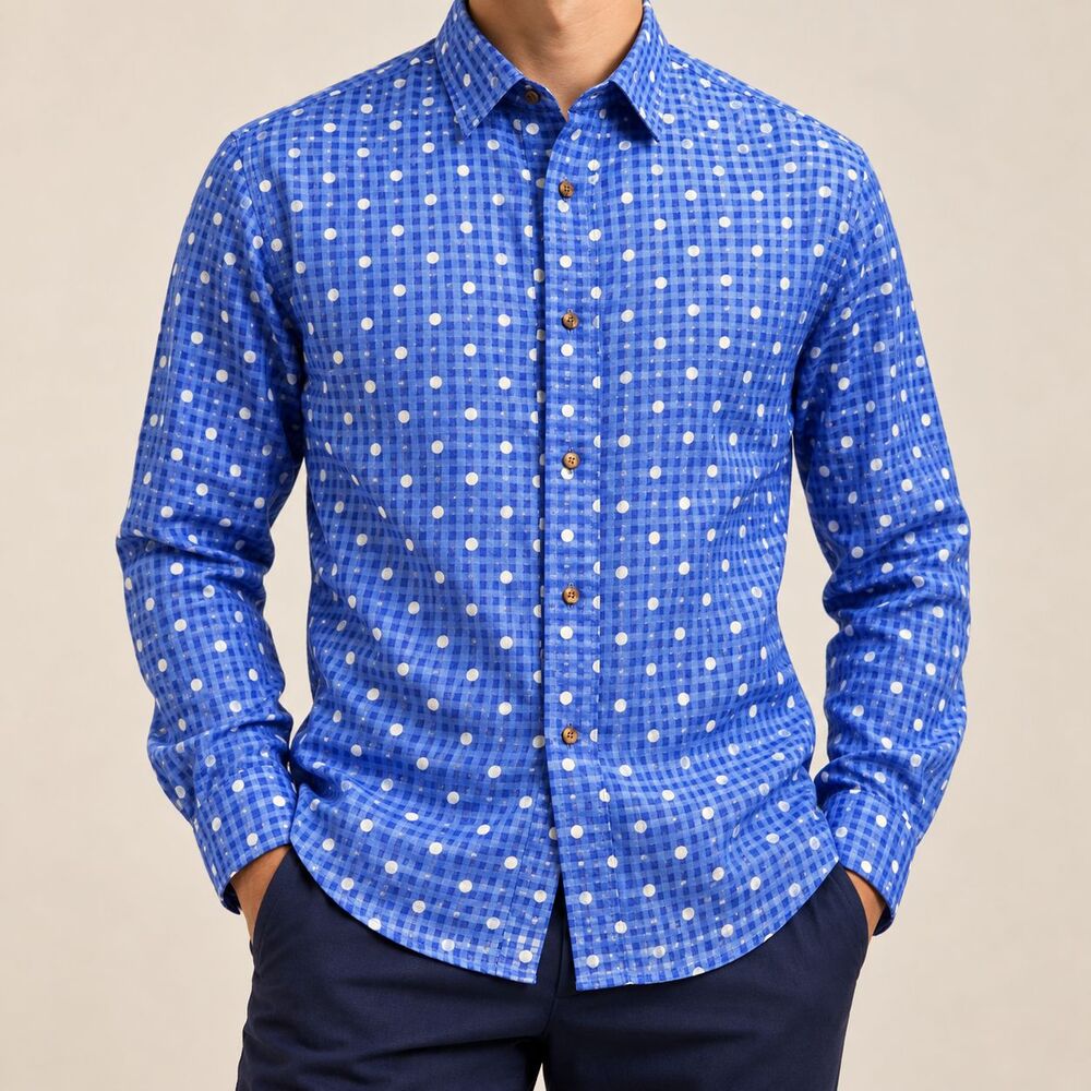 Mens Large Blue White Polka Dot Textured Viscose Shirt Long Sleeve Button Up NWT